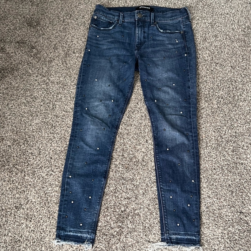 Express dark blue jeggings with pearls